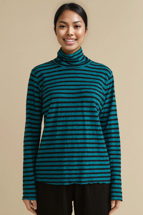 Cut Loose Linen Cotton Jersey Black/Natural Stripe Turtle Neck Top Fall 2024- Special Order