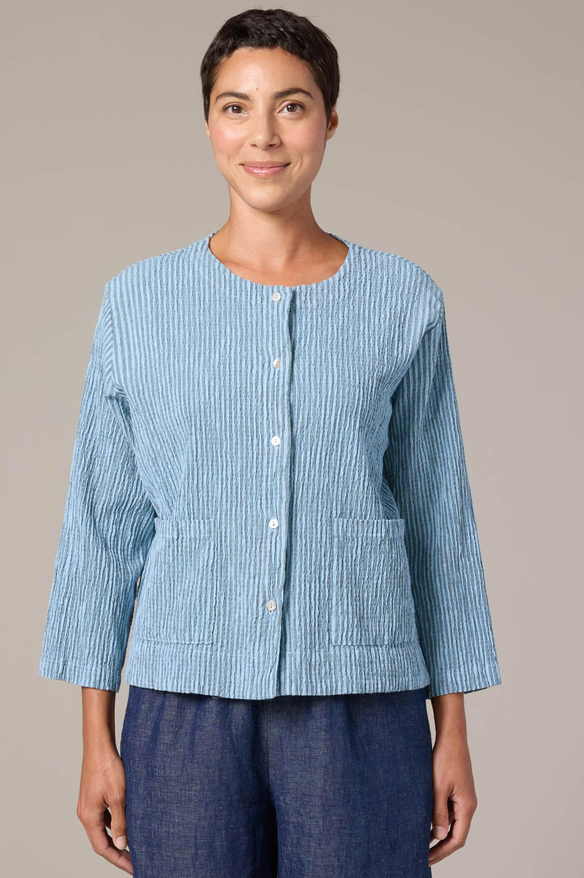 Cut Loose Linen Grey Stripe Crinkle Cropped Jacket Spring 2026