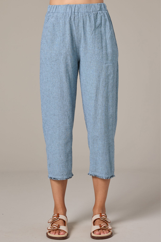 Cut Loose Crosshatch Linen Cotton Raw Edge Crop Pant for Spring 