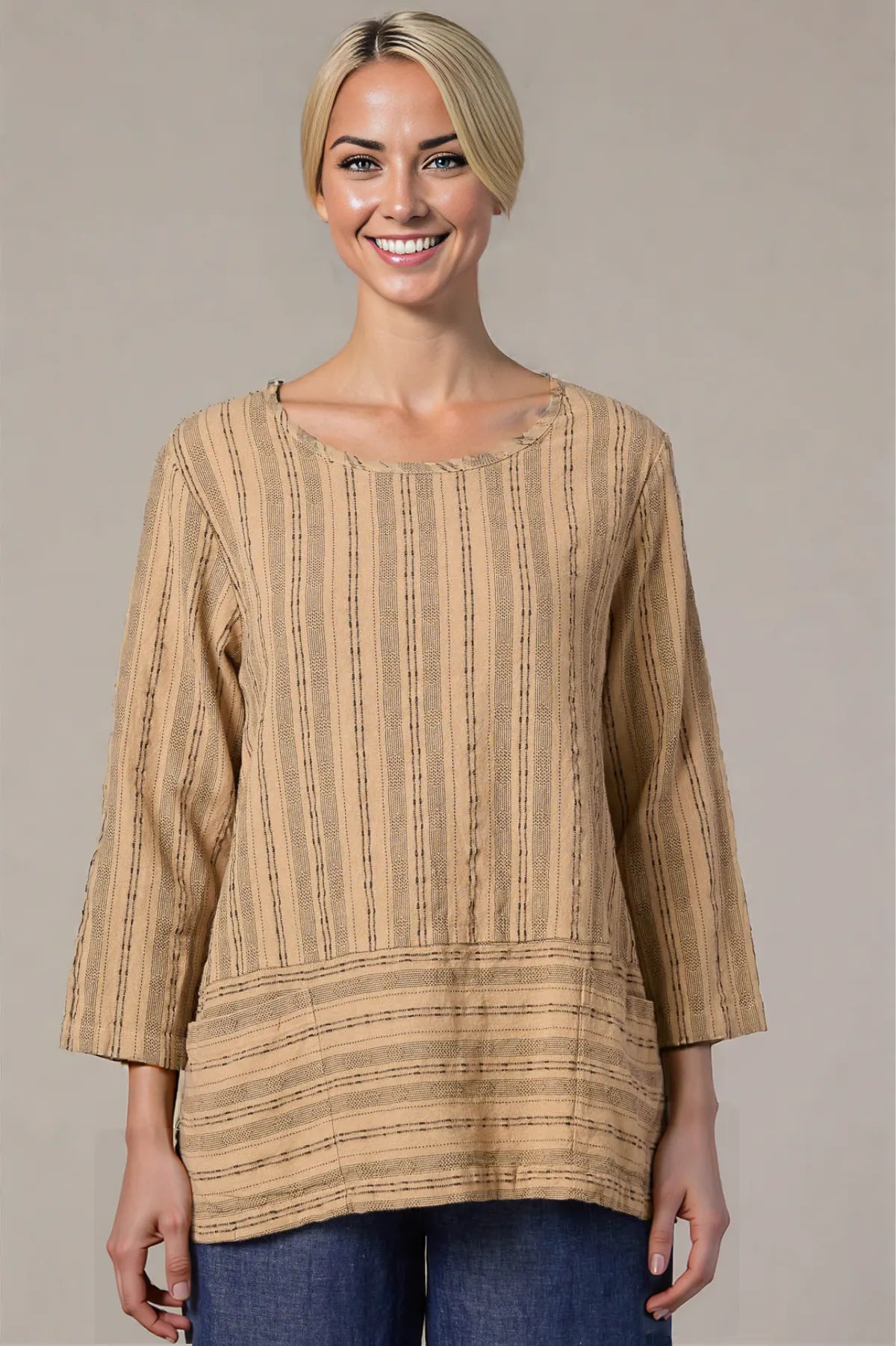 Cut Loose Pinstripe Linen Pocket Border Top for spring