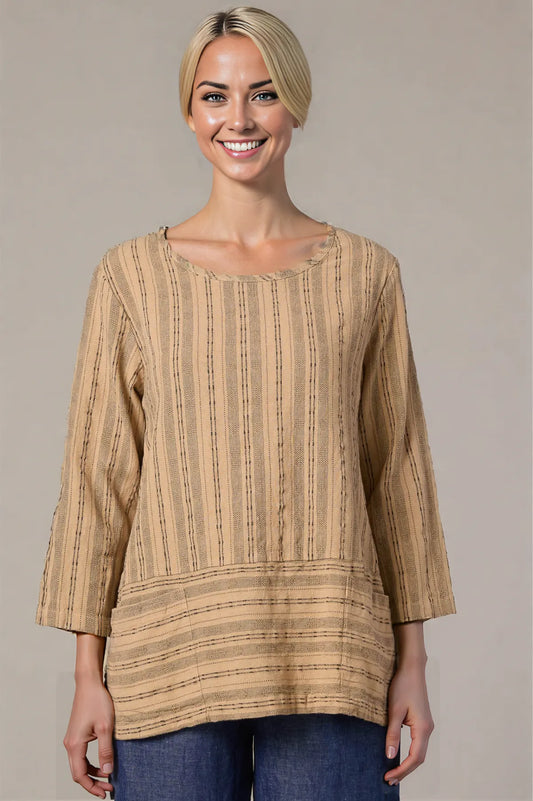 Cut Loose Pinstripe Linen Pocket Border Top for spring