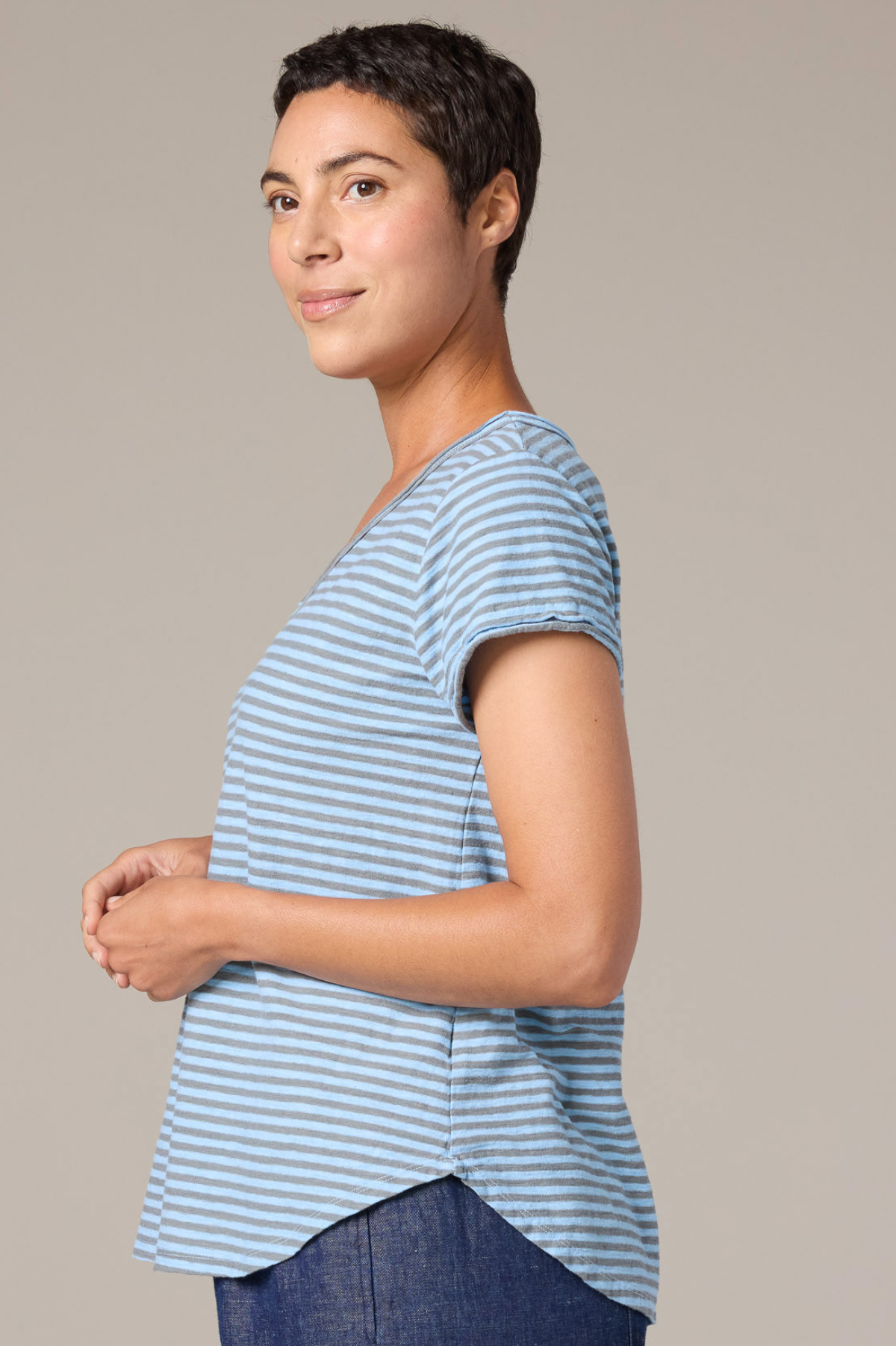 Cut Loose Grey Stripe Raw Edge V-Neck Top for spring