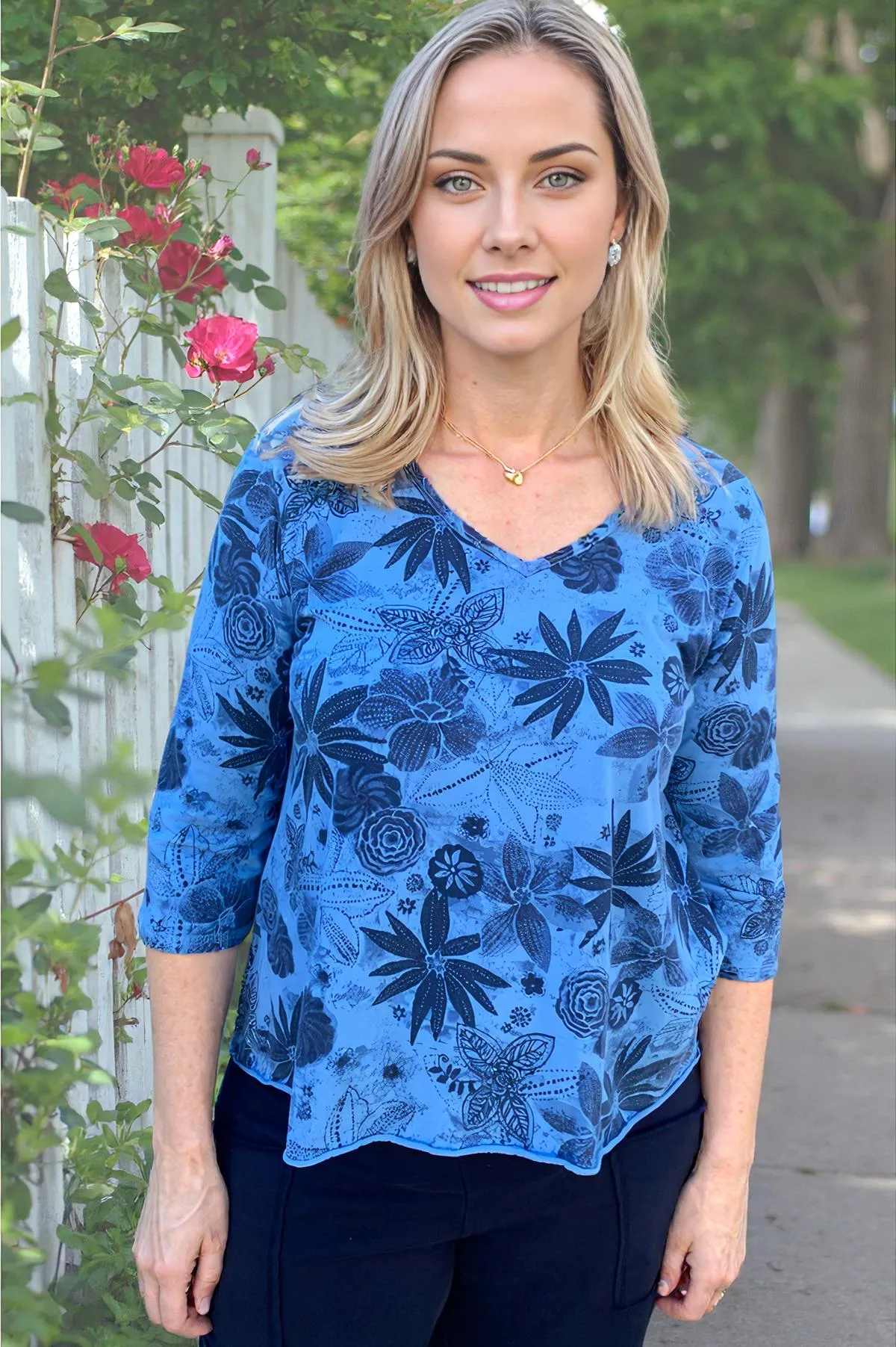 Prairie Cotton V-Neck Godet Back Tunic-Indigo Floral