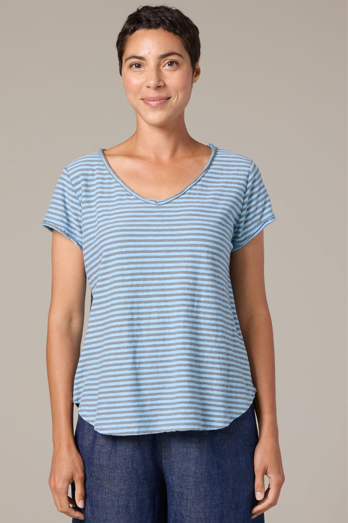 Cut Loose Grey Stripe Raw Edge V-Neck Top