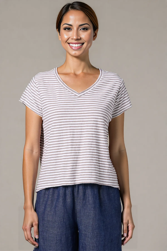 Cut Loose Grey Stripe S/S V-Neck Crop Top Spring 2026