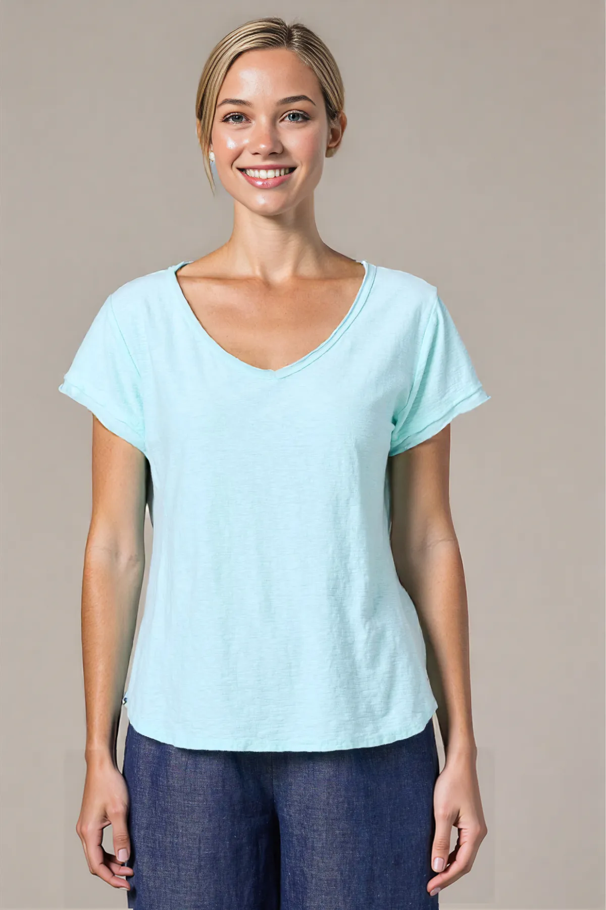 Cut Loose Linen Cotton Jersey Raw Edge V-Neck Top for Spring
