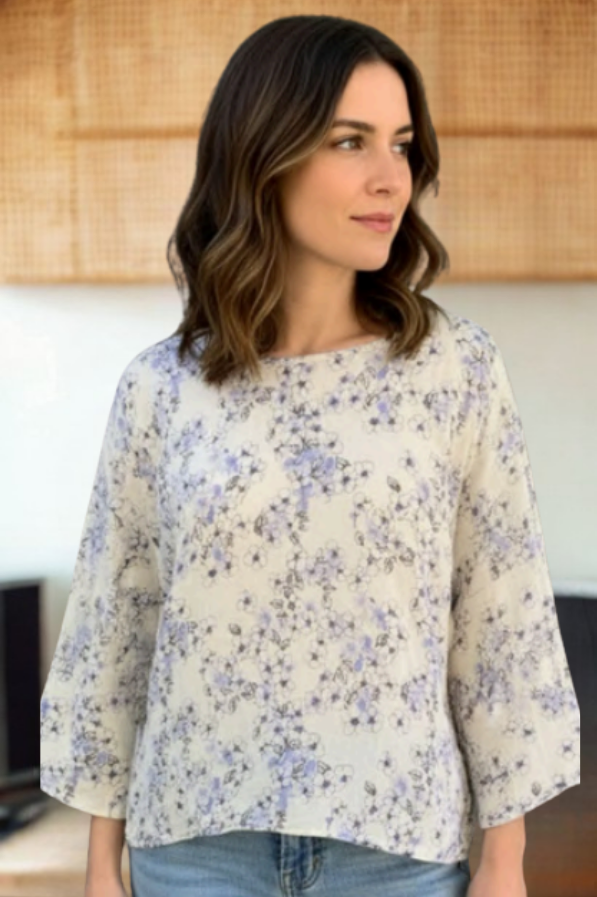 Cut Loose Morning Glory Linen 3/4 Split Back Top 2026- Special Order