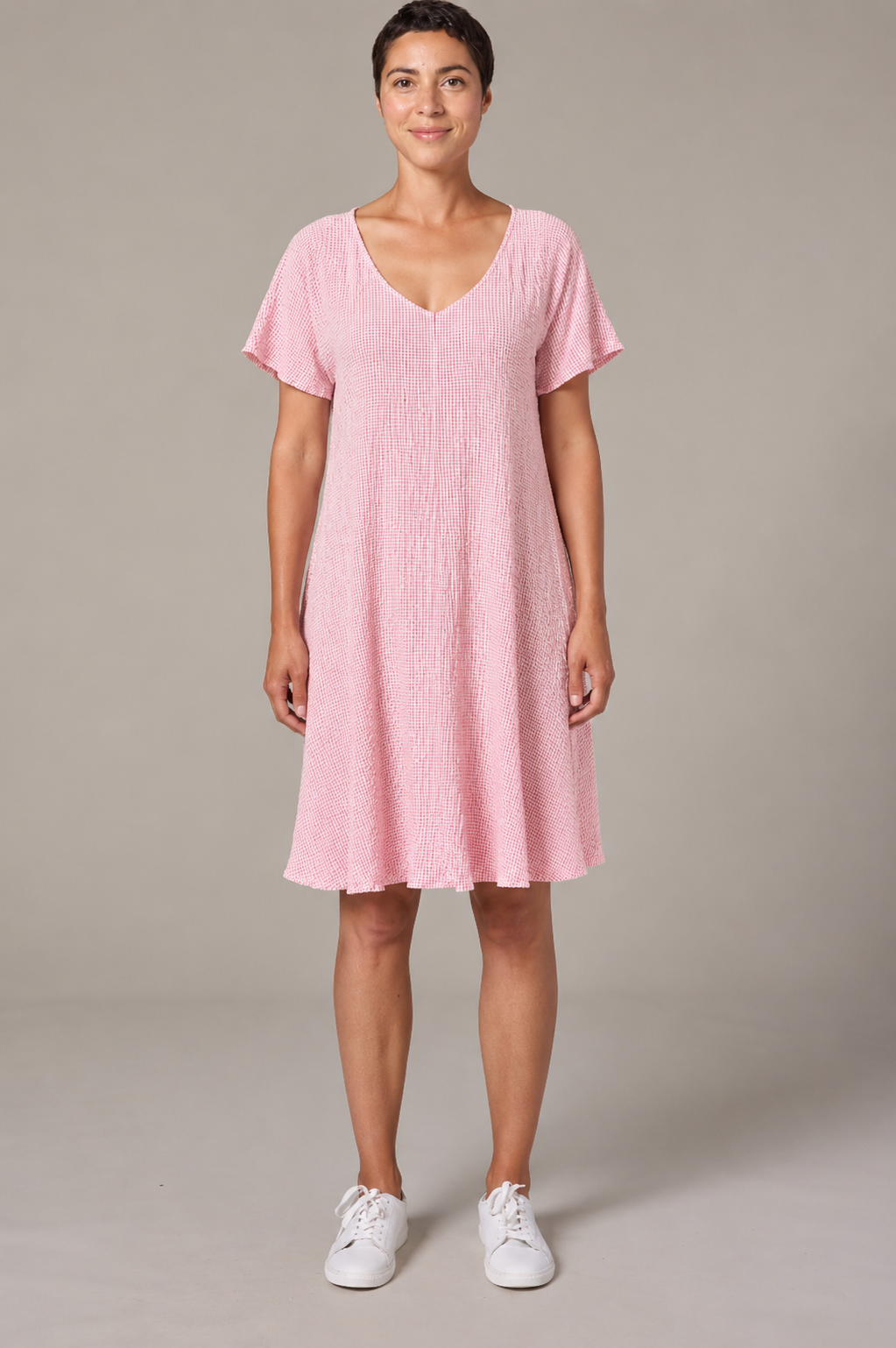 Cut Loose Crinkle Check V-Neck Swing Dress-Pink Salt