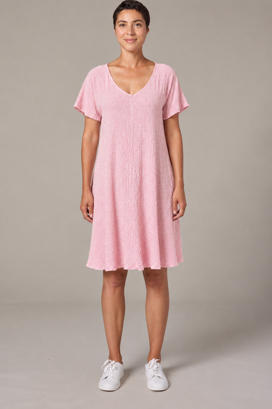 Cut Loose Crinkle Check V-Neck Swing Dress-Pink Salt
