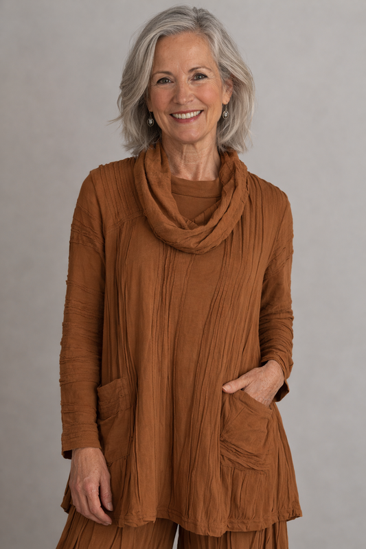 Windhorse Stitched Cowl Neck Tunic- Camel