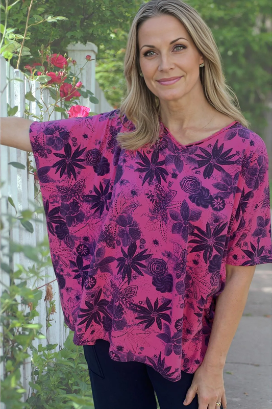 Prairie Cotton Blouson One Size Tunic-Indigo Floral