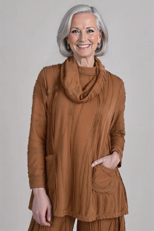 Windhorse Stitched Cowl Neck Tunic- Camel