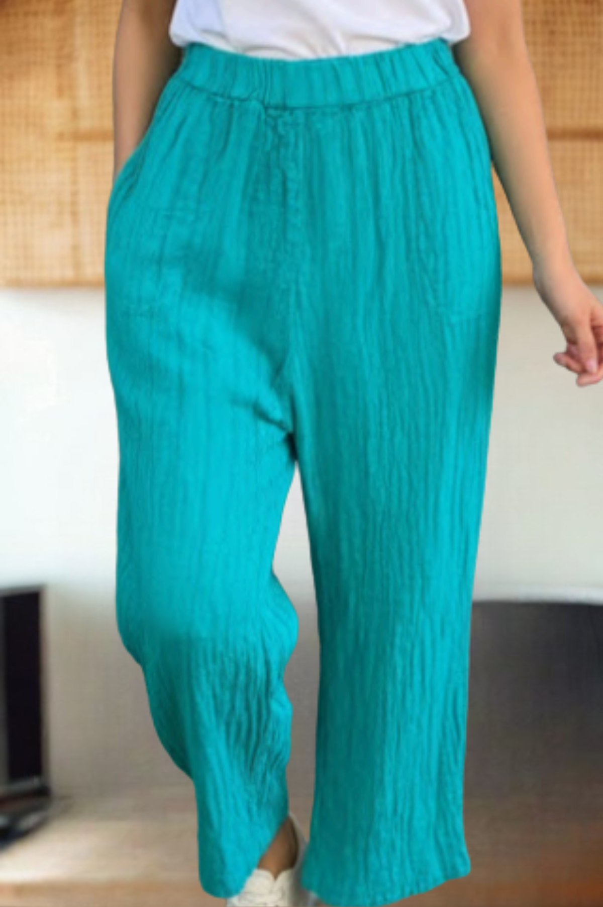 Cut Loose Blue Linen Stripe  Crop Pant