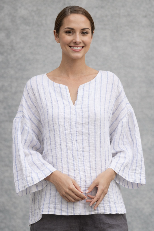 Cut Loose Blue Linen Stripe Split Neck Pullover Summer 2026- Special Order