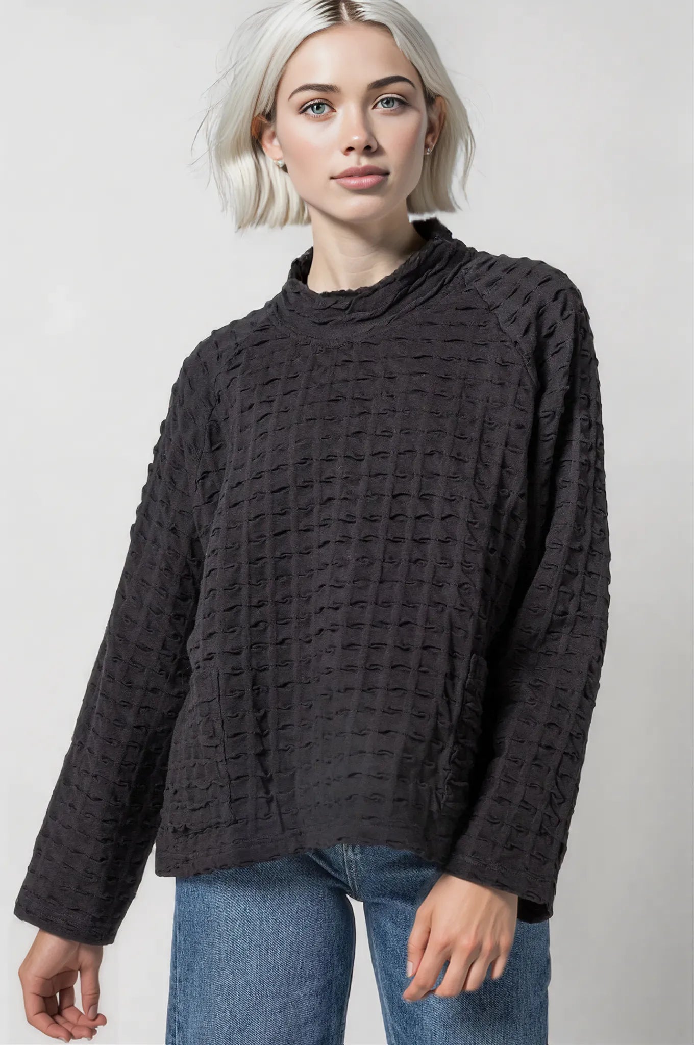 Komil Clothing High Neck Waffle Weave Top-Black