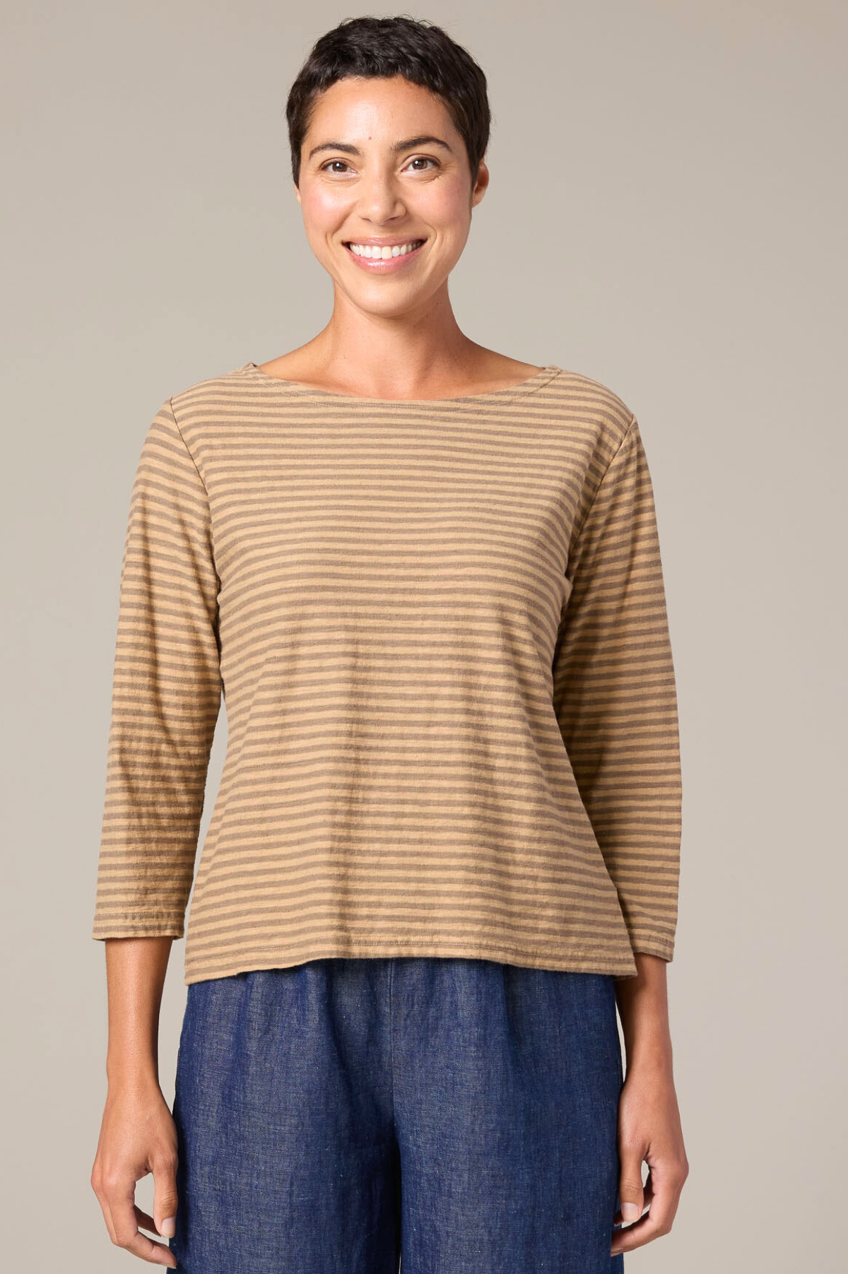 Cut Loose Grey Stripe 3/4 Sleeve Boatneck Tee Spring 