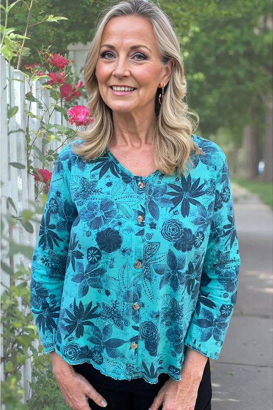 Prairie Cotton V-Neck Cardigan Top-Indigo Floral