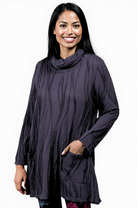 Windhorse Stitched Cowl Neck Tunic- Charcoal