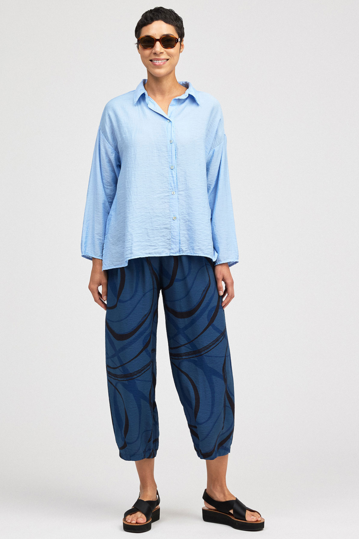 Cut Loose Rayon Parachute Black/Blue Swirl Cropped Pants w/Darts Summer 2026- Special Order