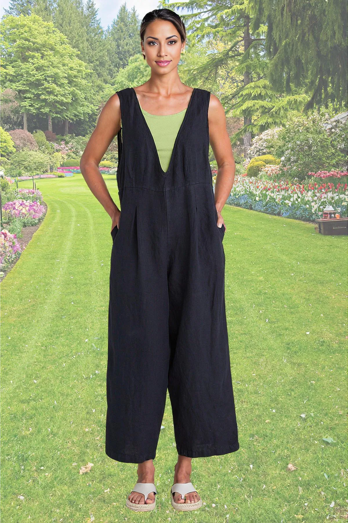 Cut Loose Solid Linen V-Neck Overalls Spring 2025- Special Order