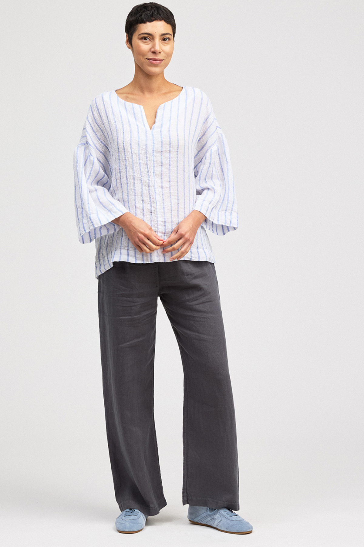 Cut Loose Blue Linen Stripe Split Neck Pullover Summer