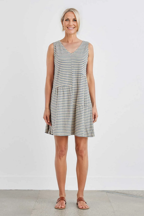 Cut Loose Linen Cotton Blue Stripe Patch Dress Summer 2024-Special Order