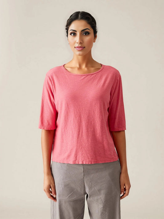 Cut Loose Linen Cotton Jersey Elbow Sleeve Top-Watermelon