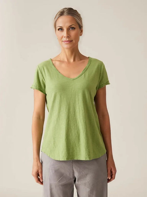 Cut Loose Linen Cotton Jersey Raw Edge V-Neck Top Spring 2024-Special Order