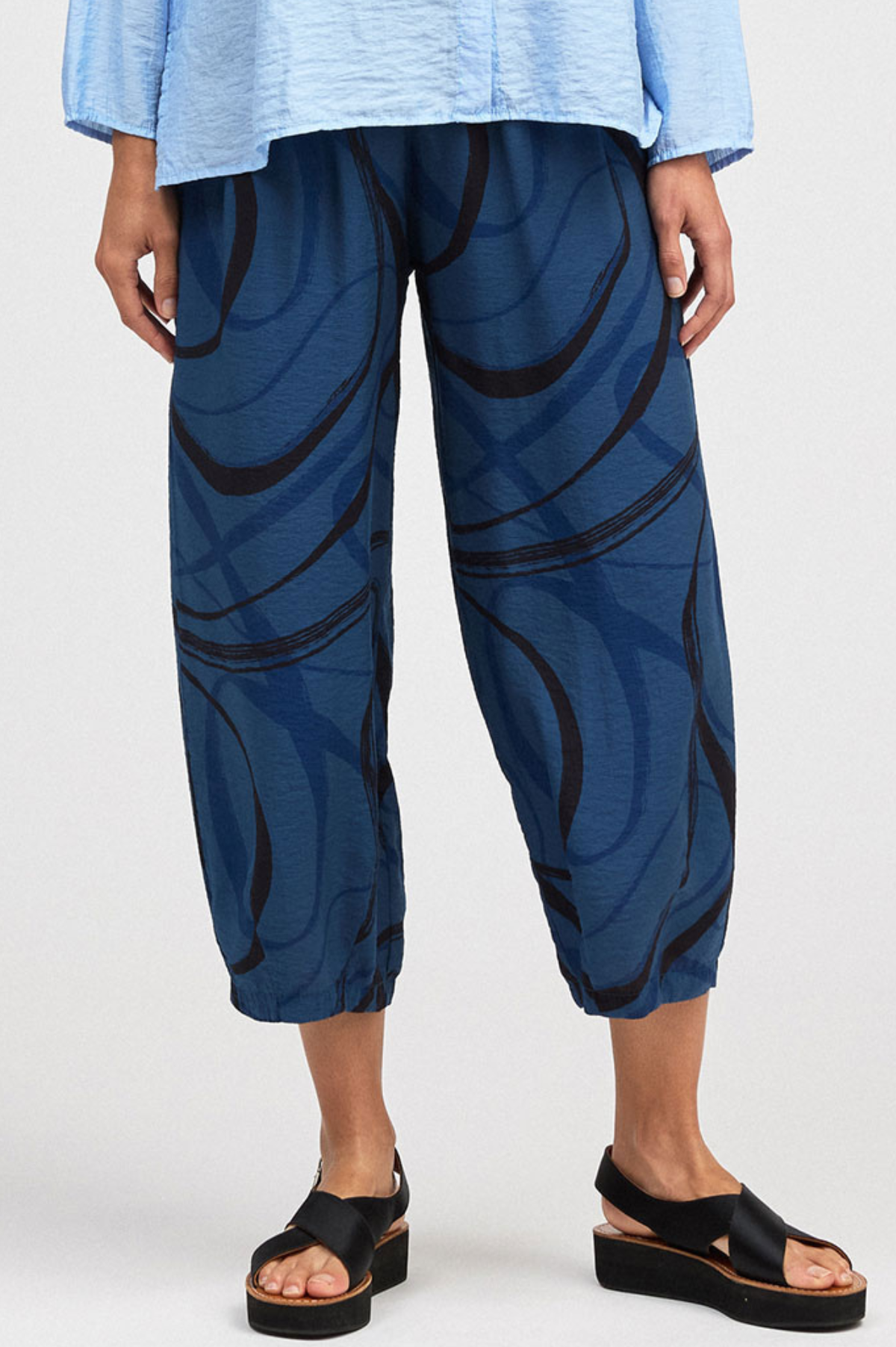Cut Loose Rayon Parachute Black/Blue Swirl Cropped Pants w/Darts Summer 2026- Special Order
