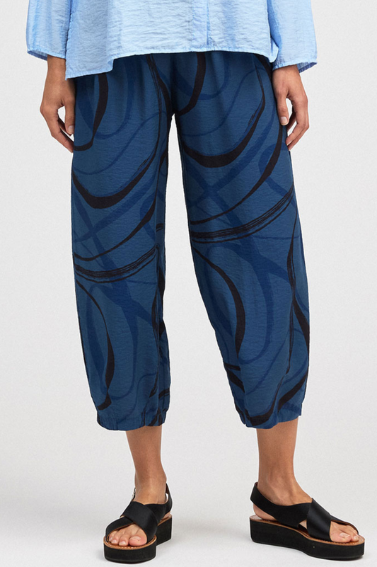Cut Loose Rayon Parachute Black/Blue Swirl Cropped Pants w/Darts Summer 2026- Special Order