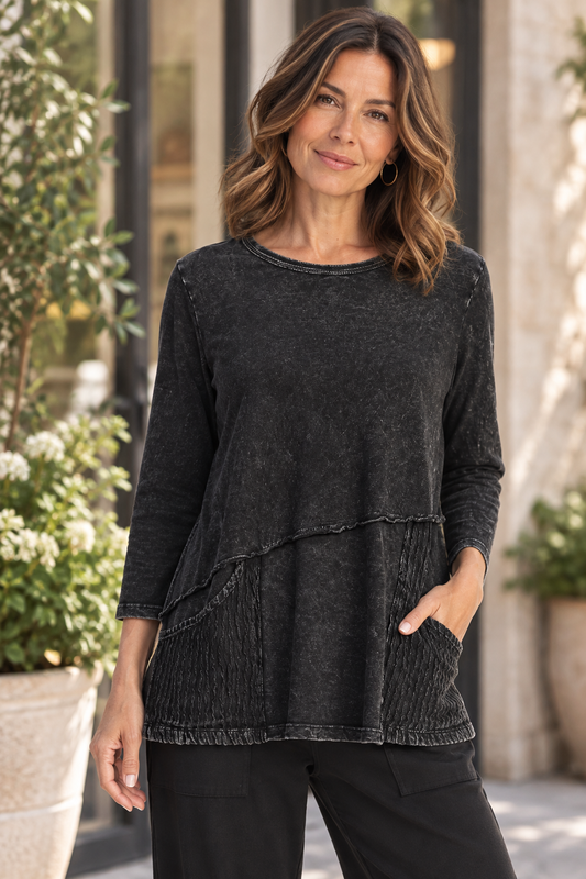Jess & Jane Mineral Washed Cotton Tunic Wavy Patch Pockets-Black