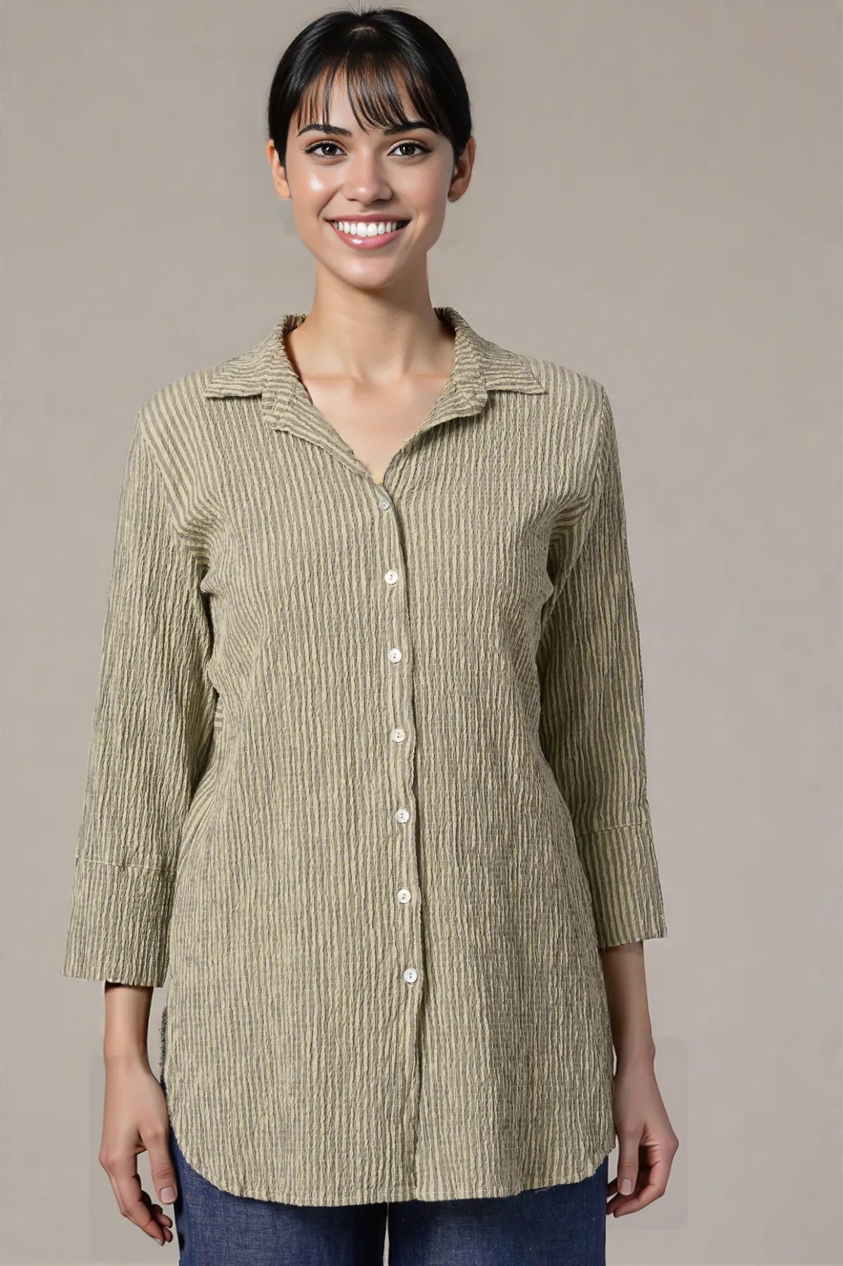 Linen Grey Stripe Crinkle Easy Shirt by cut loose
