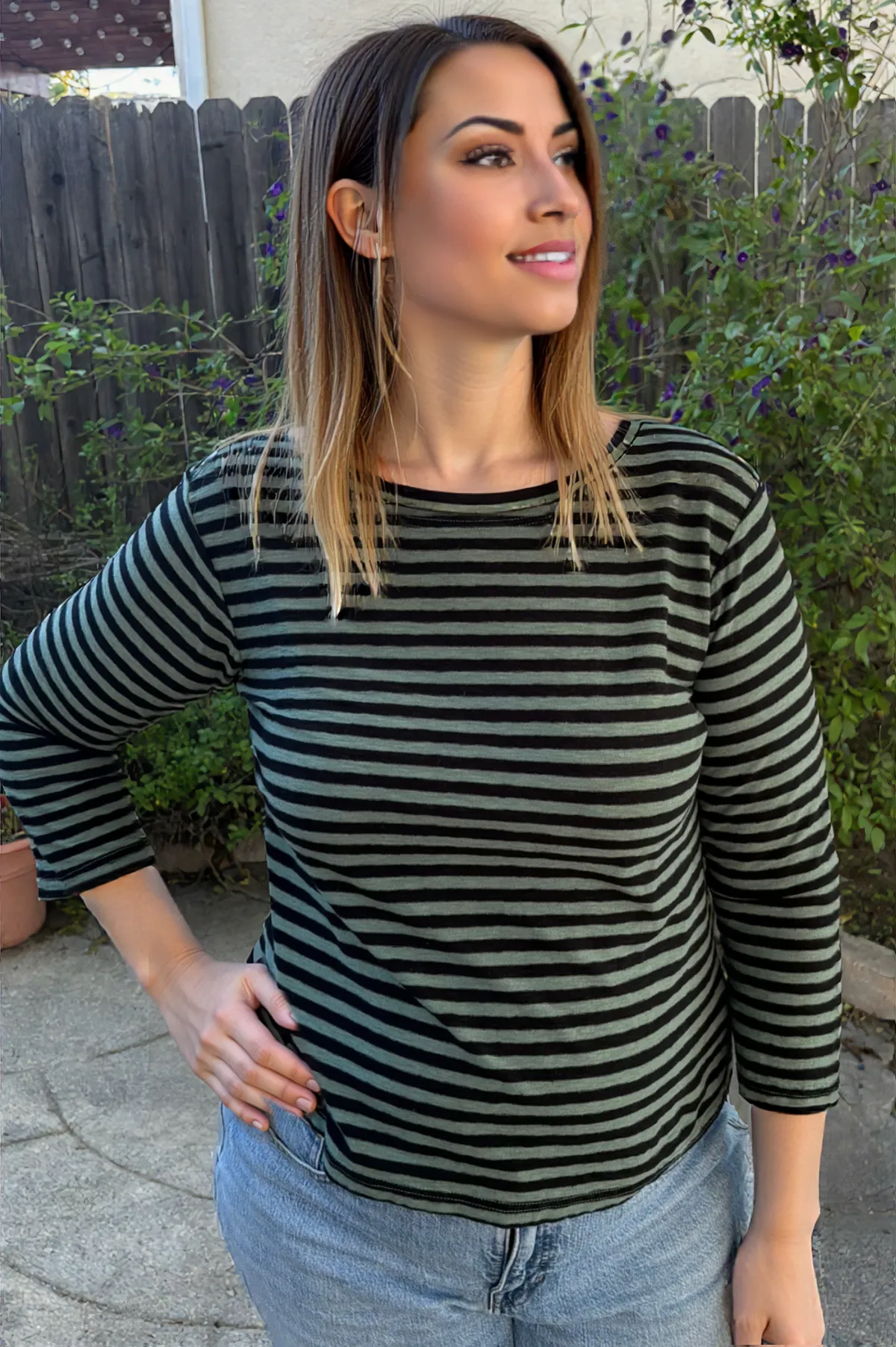 Cut Loose Clothing Black Stripe 3/4 Sleeve Boatneck Tee -Succulent