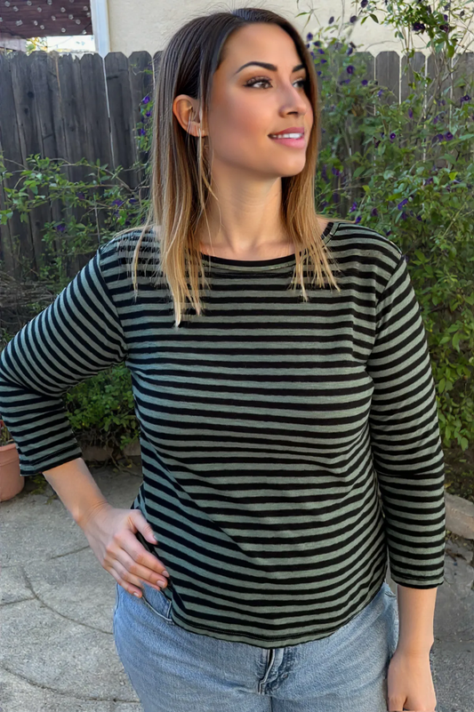 Cut Loose Clothing Black Stripe 3/4 Sleeve Boatneck Tee -Succulent