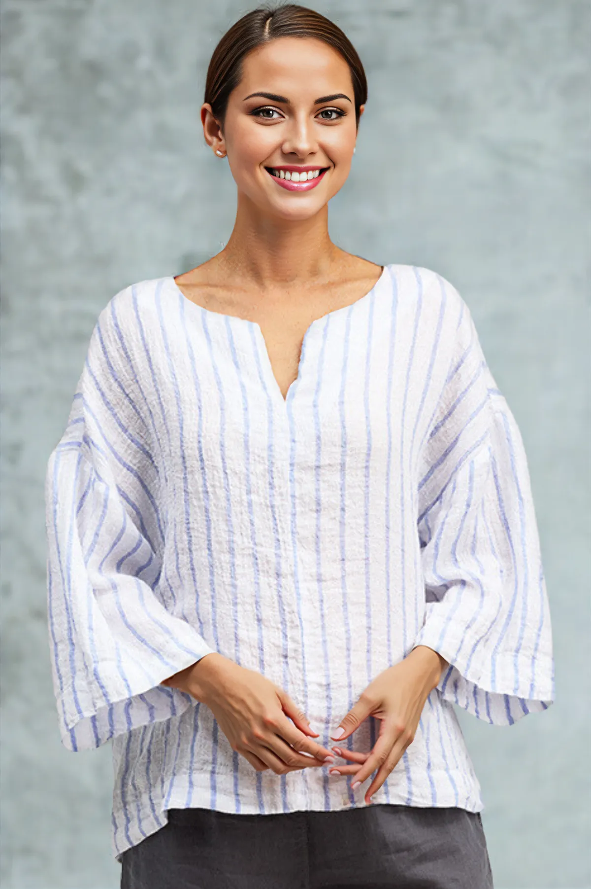 Cut Loose Blue Linen Stripe Split Neck Pullover Summer 2026- Special Order