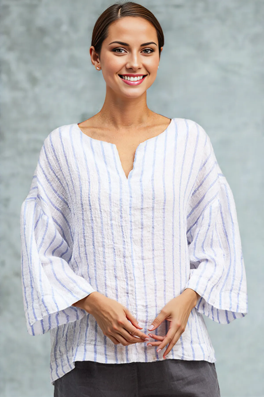 Cut Loose Blue Linen Stripe Split Neck Pullover Summer 2026- Special Order