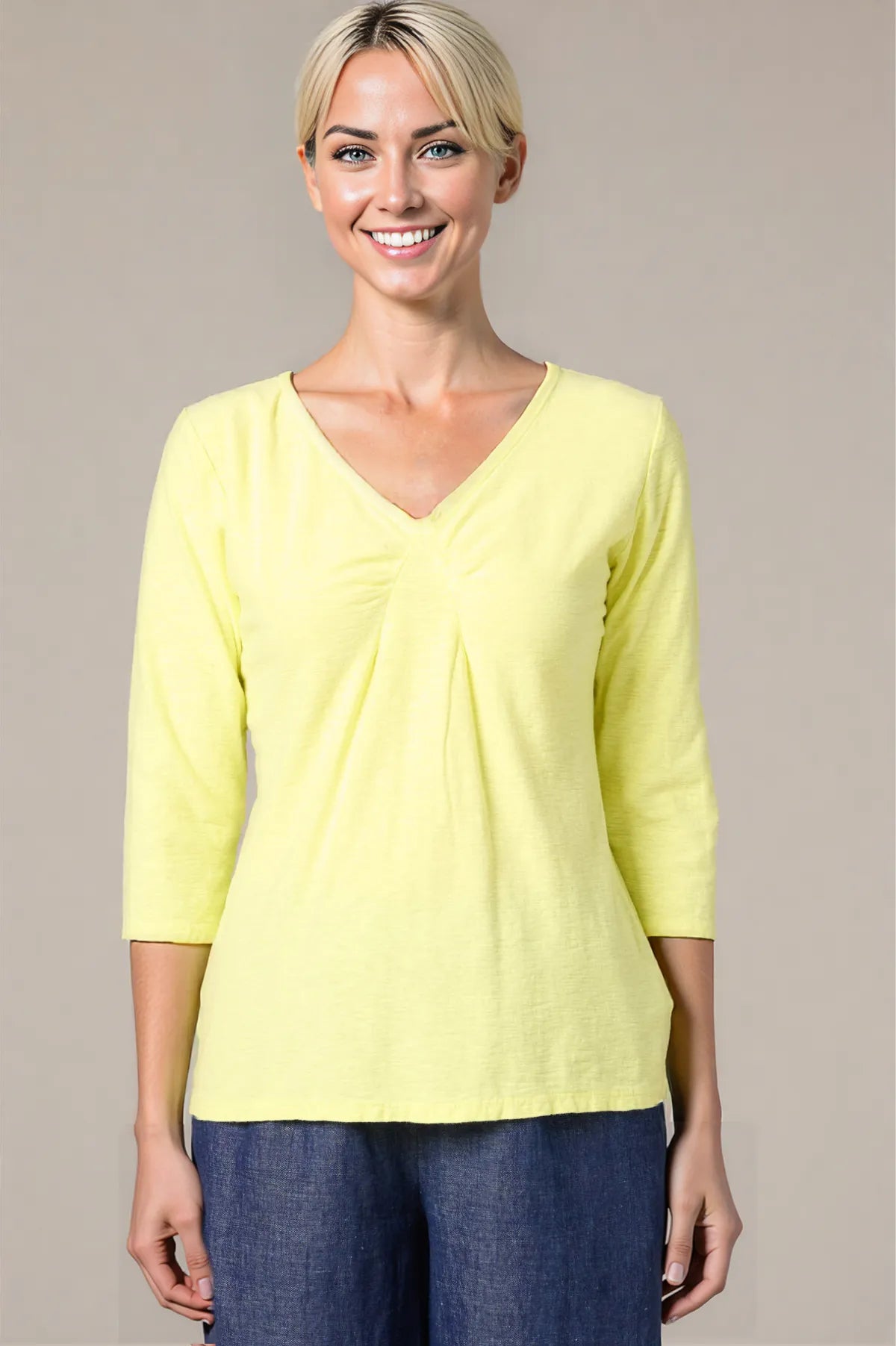 Linen Cotton Jersey 3/4 Sleeve Tuck Front Top by cut loose for spring