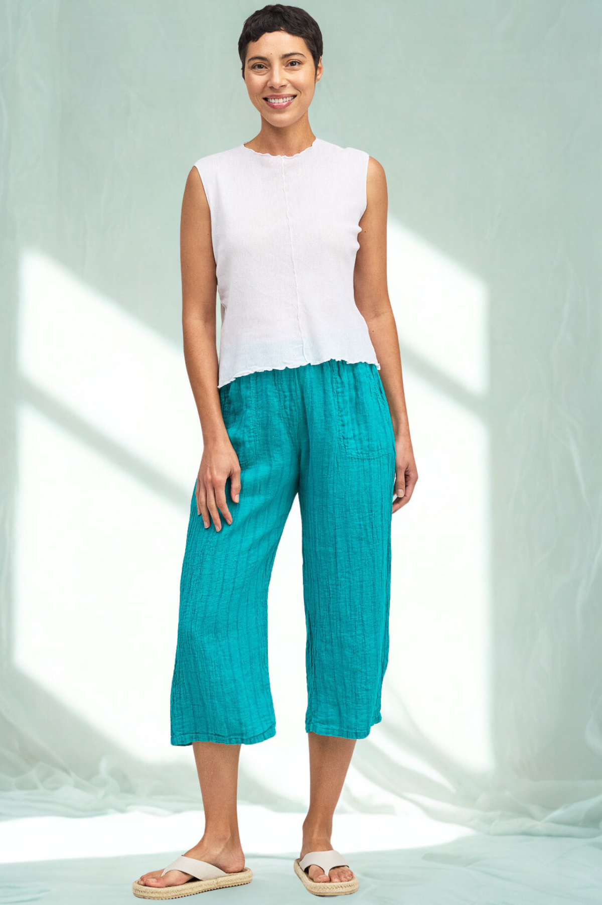 Cut Loose Blue Linen Stripe Easy Crop Pant summer