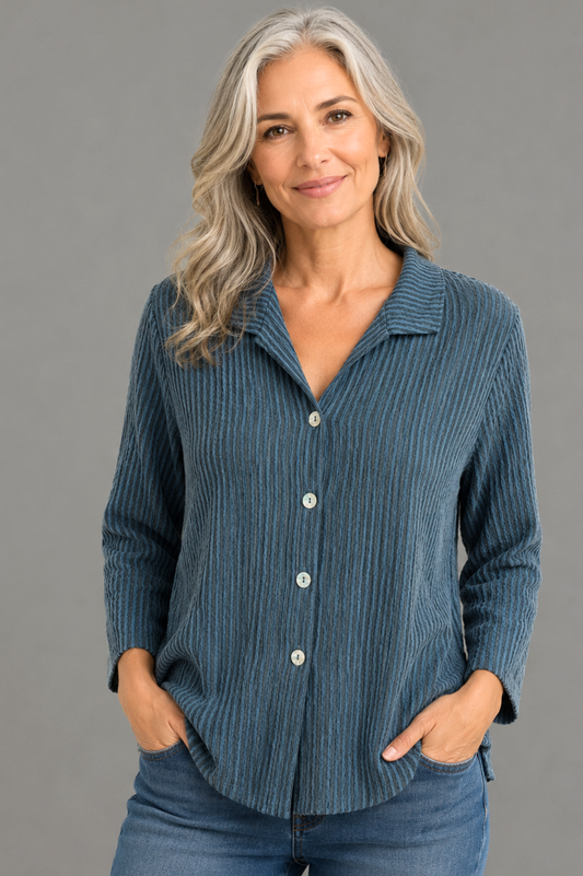 Cut Loose Grey Stripe Crinkle 3/4 Sleeve Shirt in Bellflower