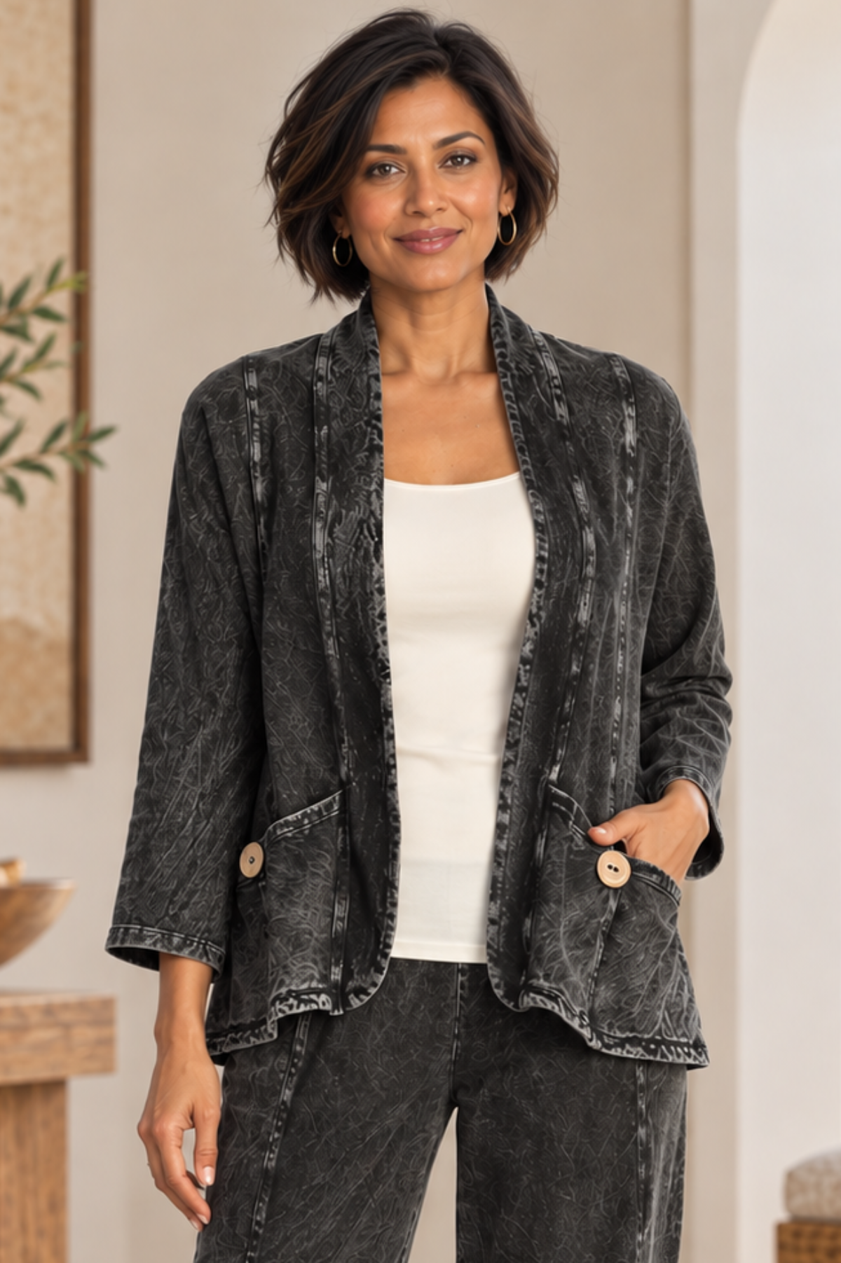 Jess & Jane Mineral Washed/Garment Dyed Cotton Fleece Jacket-Black
