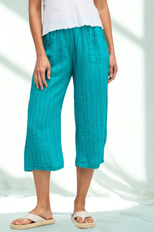 Cut Loose Blue Linen Stripe Easy Crop Pant
