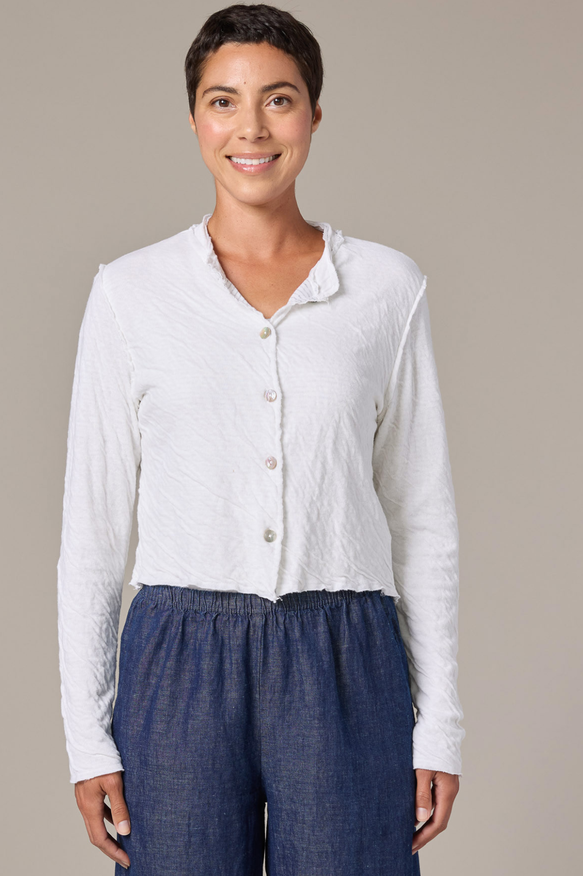 Cut Loose Grey Strope Doublecloth Crop Asym Cardi 