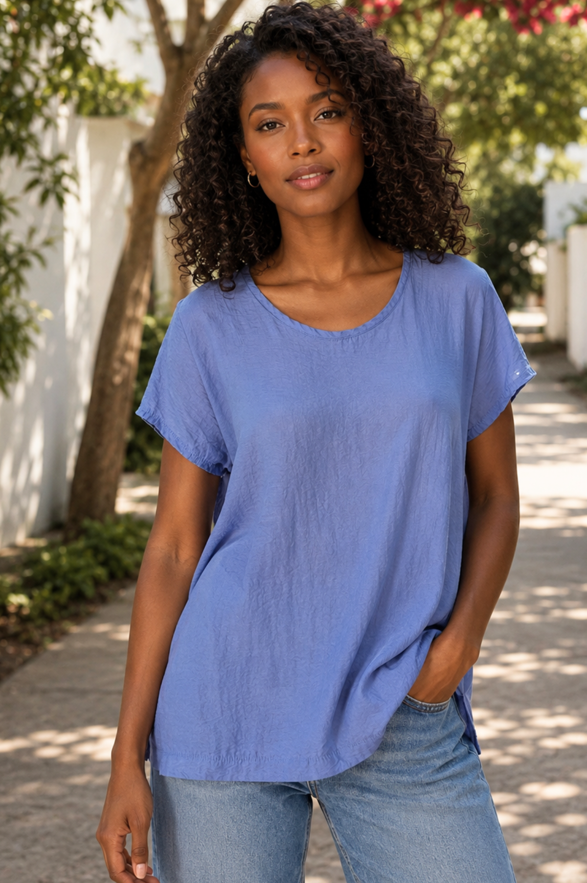 Cut Loose Rayon Parachute Crop Sleeve Swing Shirt in Forget-me-not