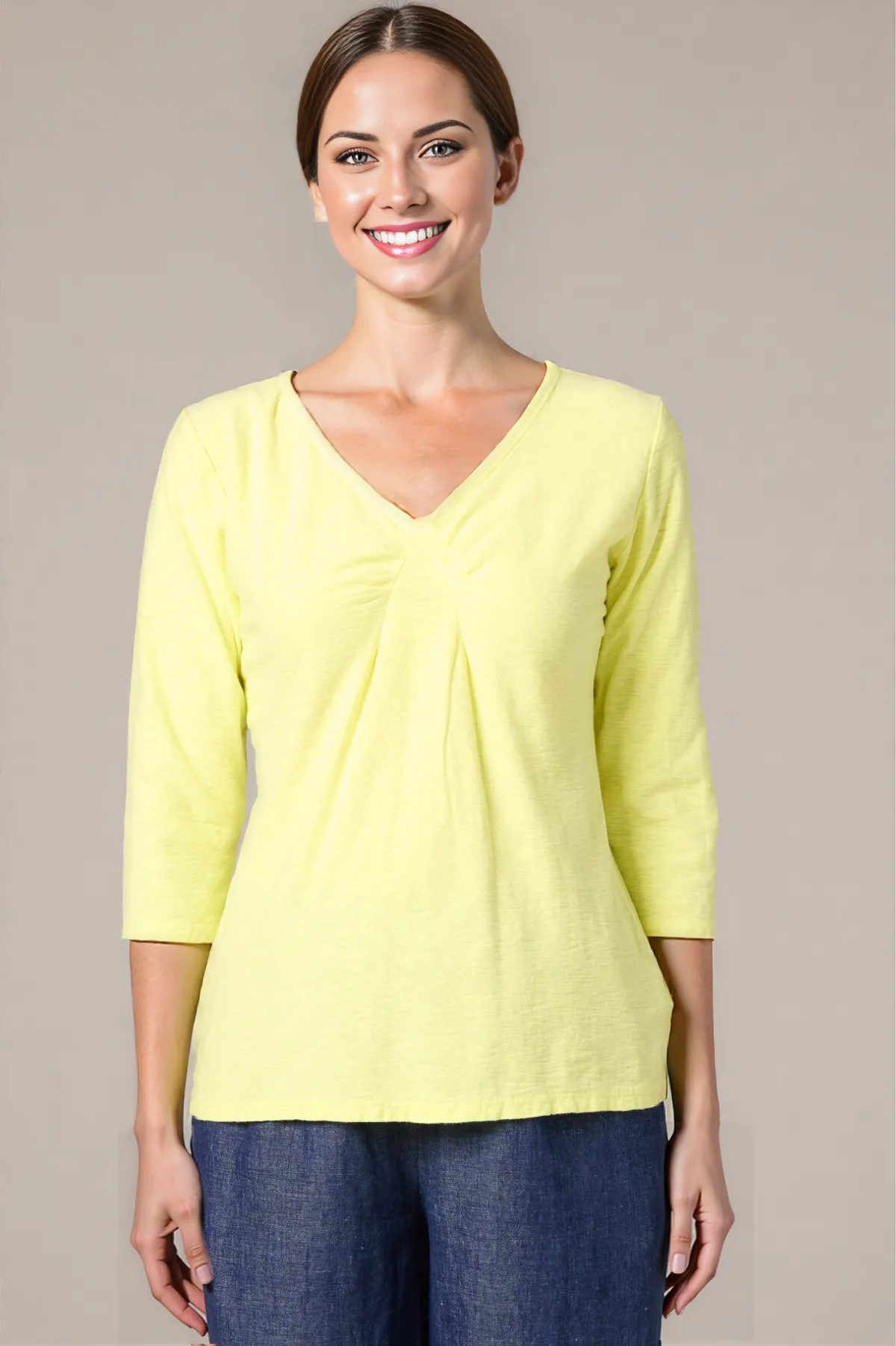 Cut Loose Linen Cotton Jersey 3/4 Sleeve Tuck Front Top 
