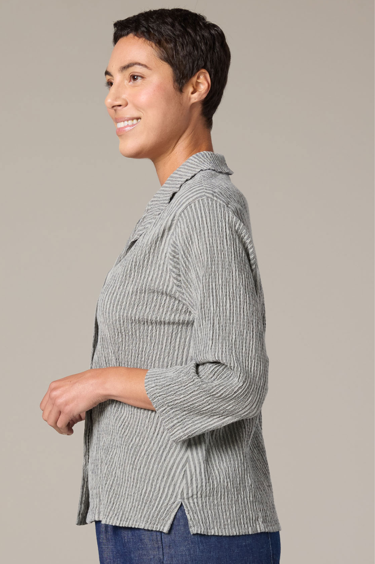 Cut Loose Linen Grey Stripe Crinkle 3/4 Sleeve Shirt