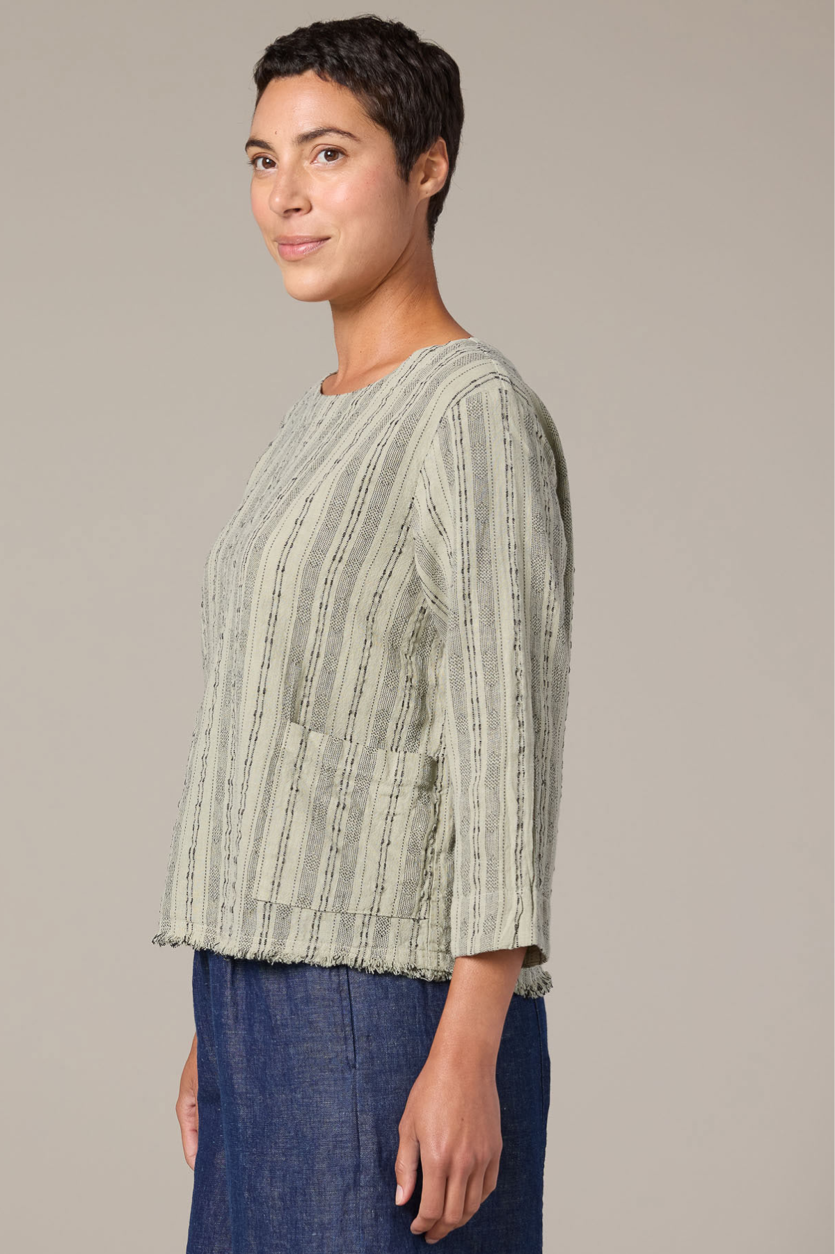  Pinstripe Linen Pocket 3/4 Sleeve Top by cut loose clothing