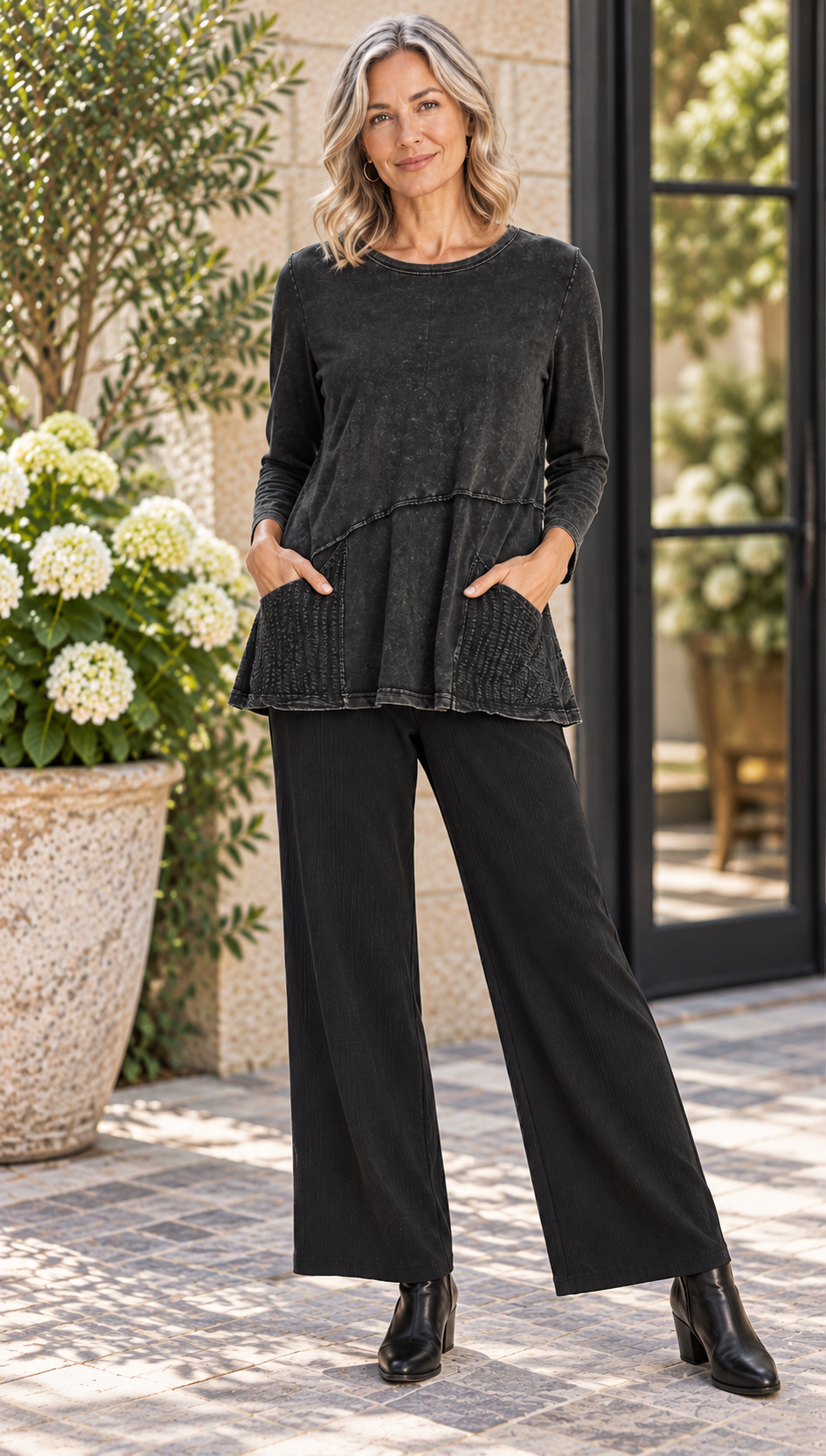 Jess & Jane Mineral Washed Cotton Tunic Wavy Patch Pockets-Black