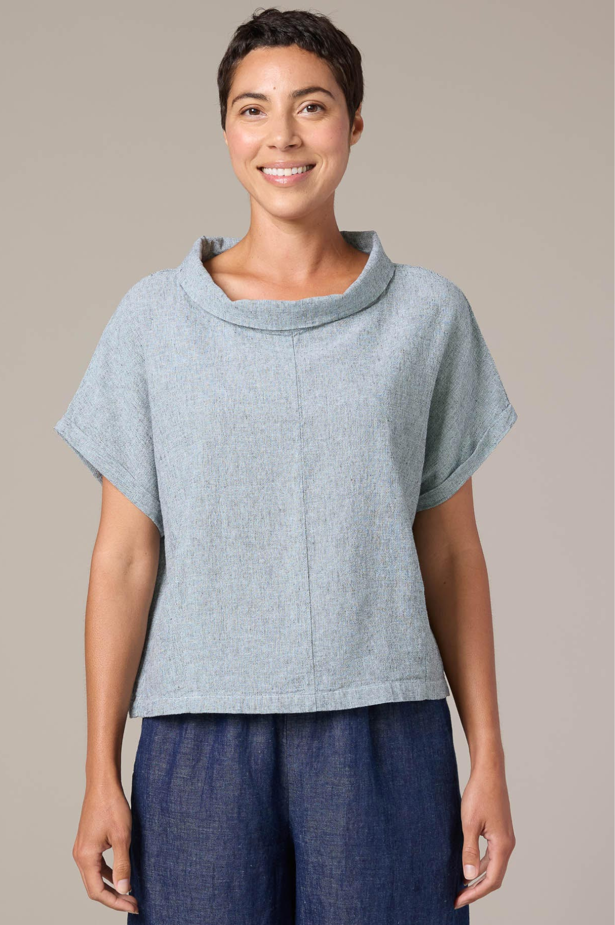 Cut Loose Crosshatch Linen Cotton Roll Sleeve Cowl Top Spring 2026- Special Order