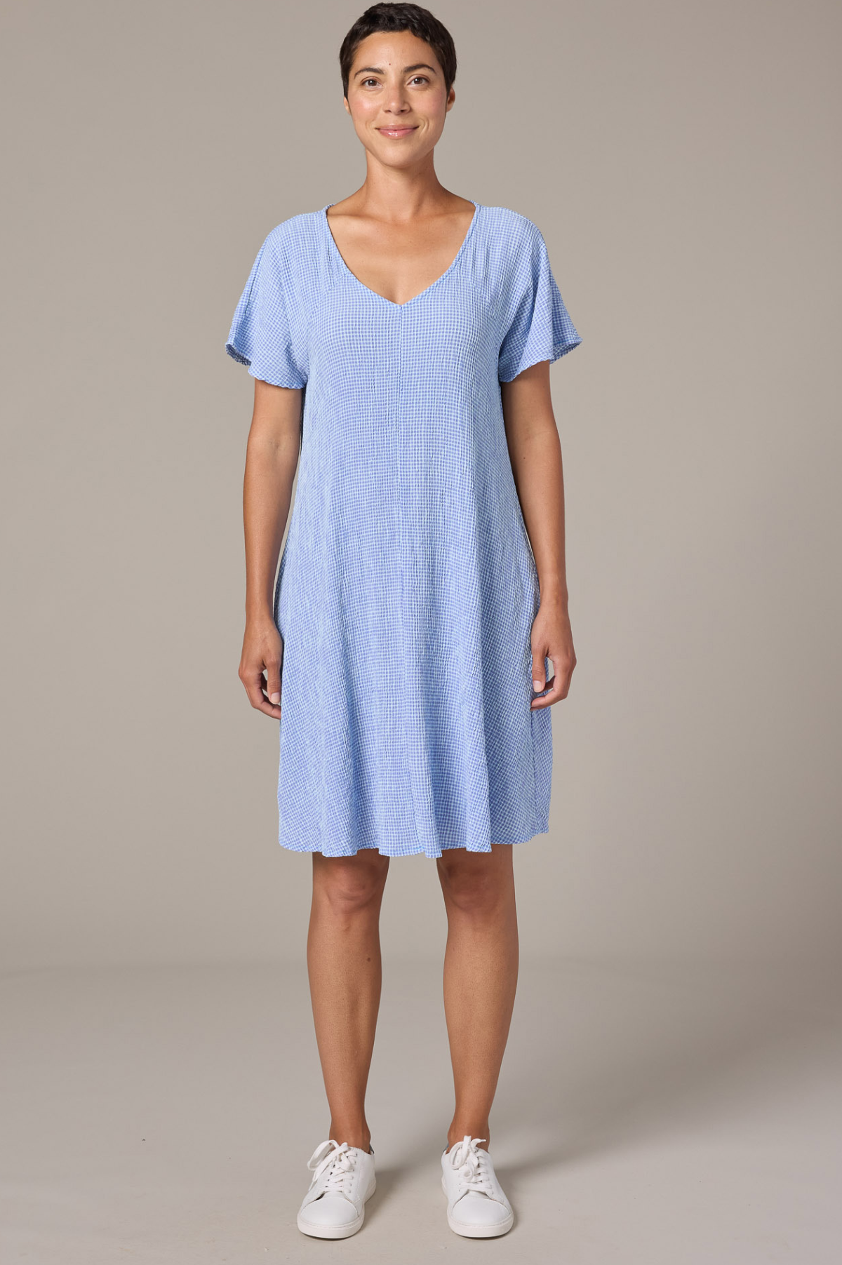 Cut Loose Crinkle Check V-Neck Swing Dress Spring