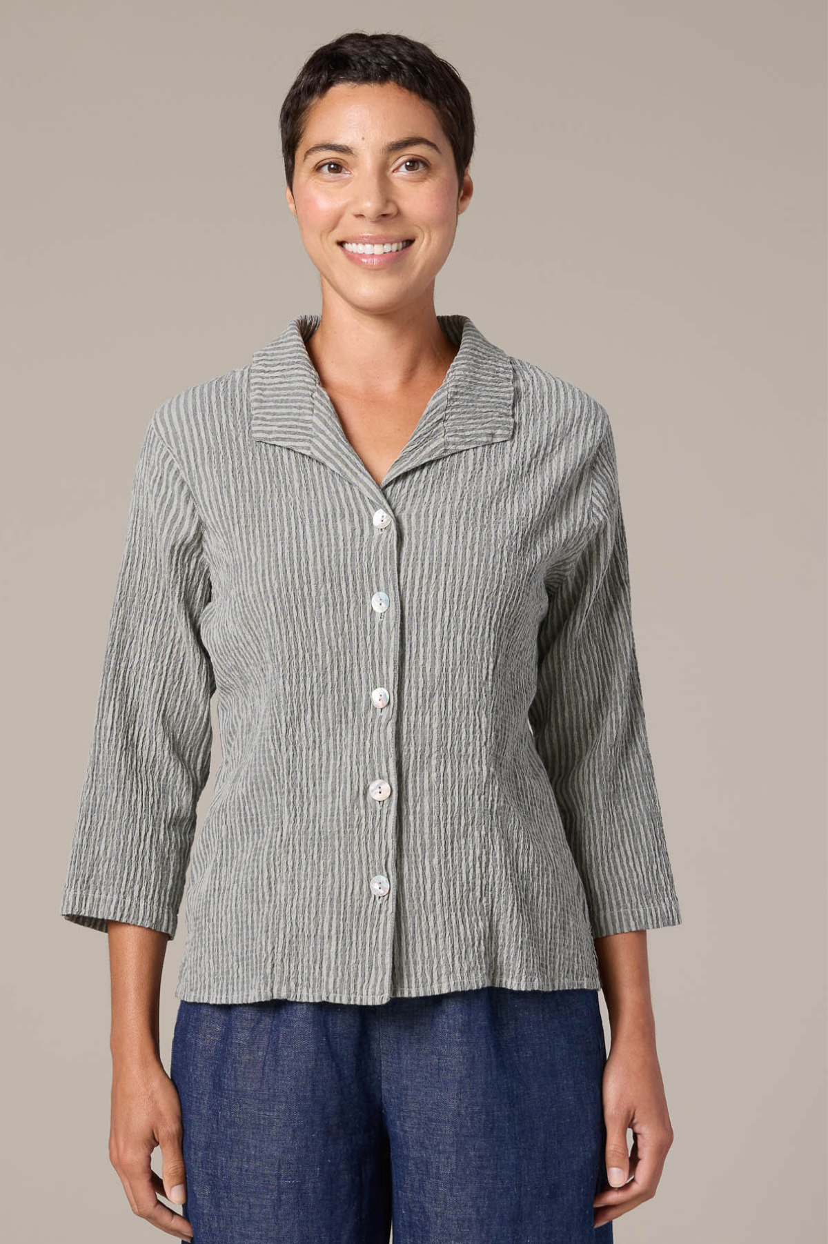 Cut Loose Linen Grey Stripe Crinkle 3/4 Sleeve Shirt Spring 2026- Special Order